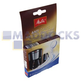 No Longer Available. Order 65-ME-278 [Genuine Original Melitta 'Anti-Calc' Coffee Machine & Kettle Descaler (4x12g)]